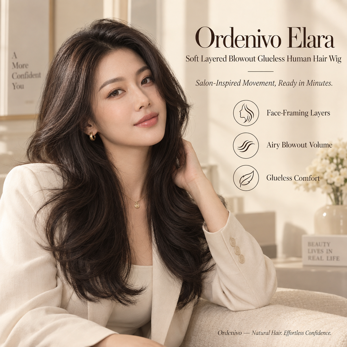 Ordenivo Elara — Soft Layered Blowout Glueless Human Hair Wig 🌬️