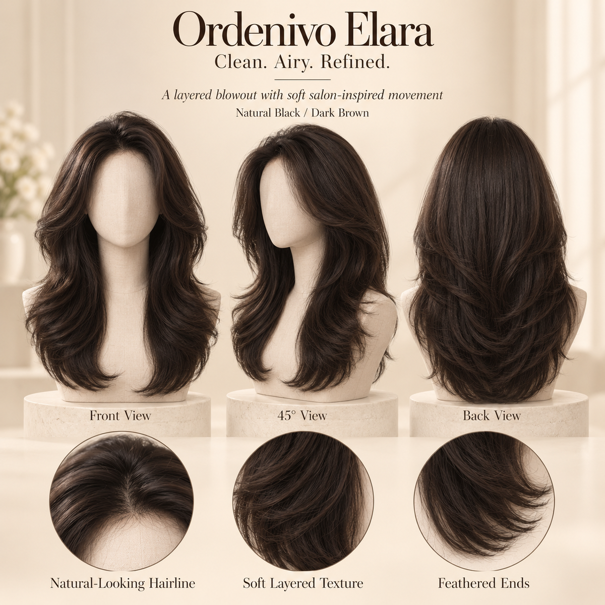 Ordenivo Elara — Soft Layered Blowout Glueless Human Hair Wig 🌬️