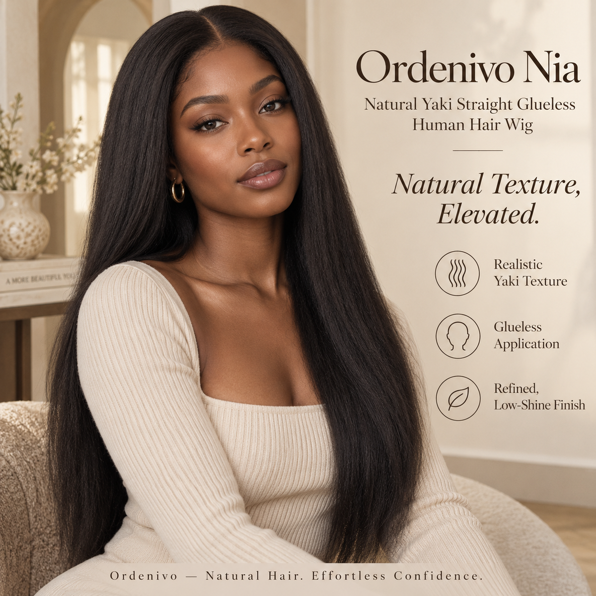 Ordenivo Nia — Natural Yaki Straight Glueless Human Hair Wig 🌿