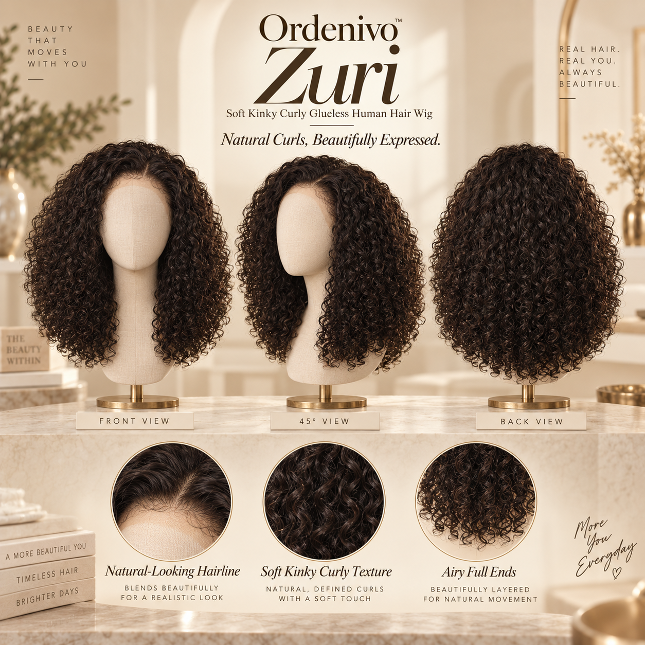 Ordenivo Zuri — Soft Kinky Curly Glueless Human Hair Wig ☁️