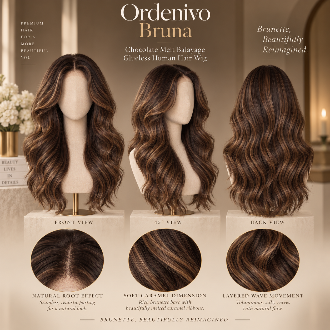 Ordenivo Bruna — Chocolate Melt Balayage Glueless Human Hair Wig 🤎