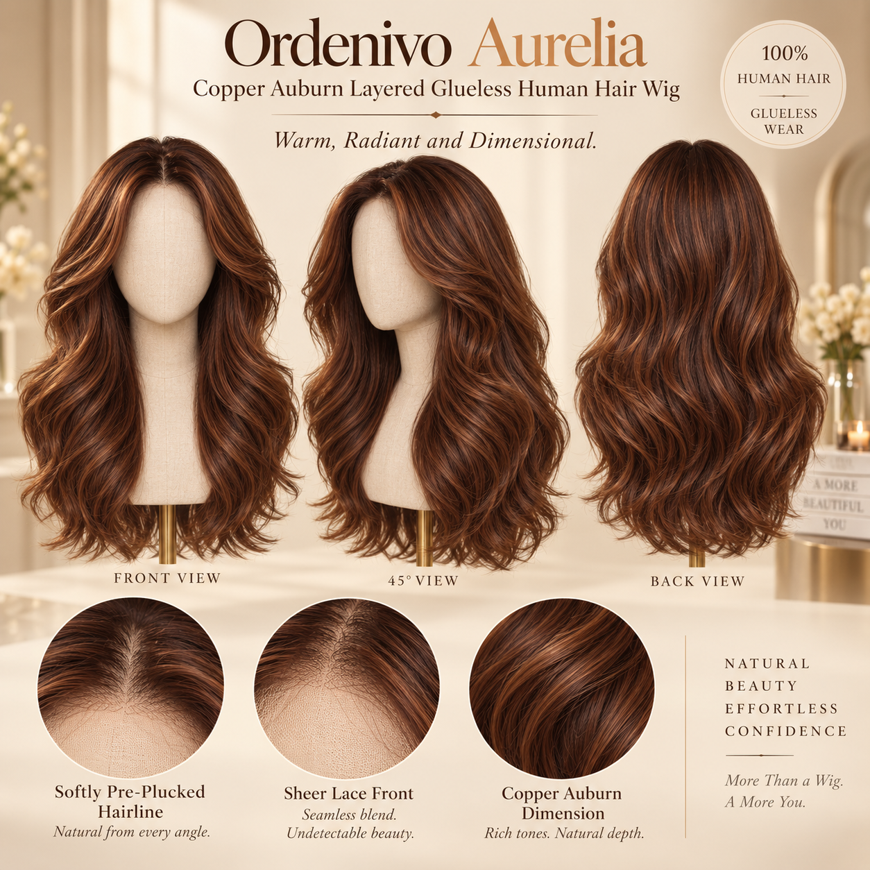Ordenivo Aurelia — Copper Auburn Layered Glueless Human Hair Wig 🍂
