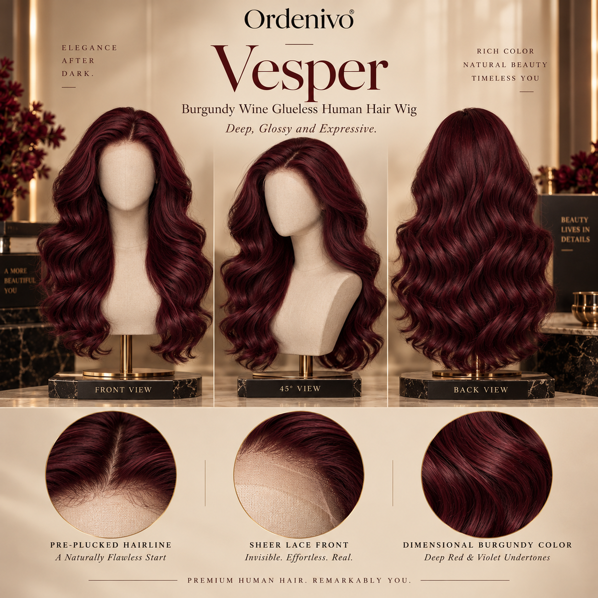 Ordenivo Vesper — Burgundy Wine Glueless Human Hair Wig 🍷