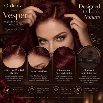 Ordenivo Vesper — Burgundy Wine Glueless Human Hair Wig 🍷